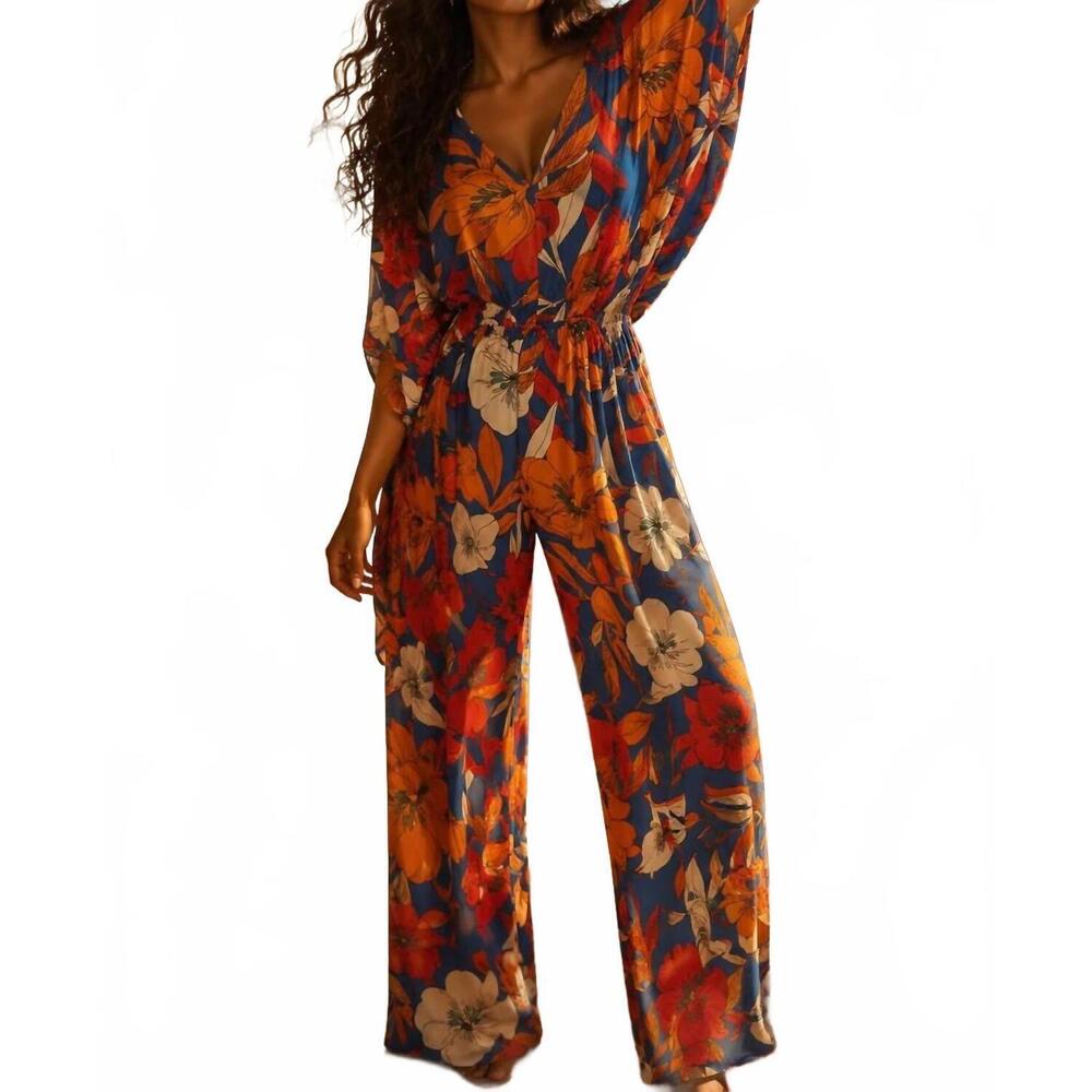 NEW SURELYMINE tropical floral wide leg jumpsuit in orange